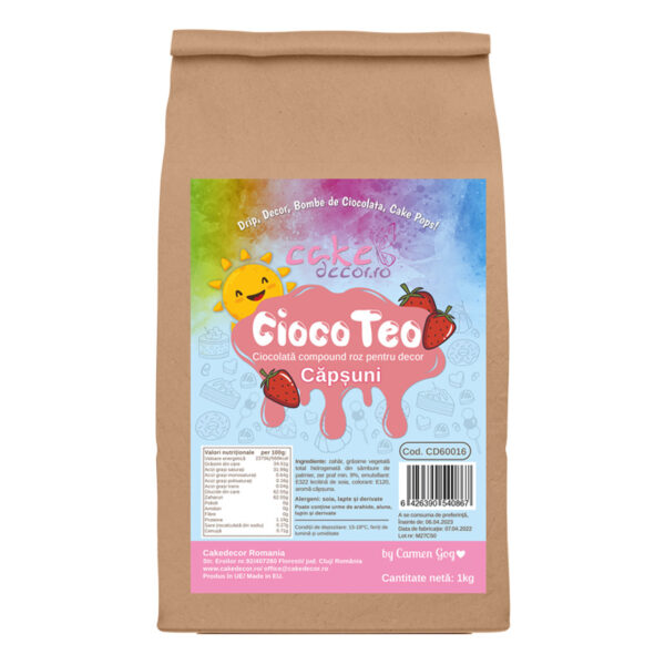 Ciocolată Decor, CiocoTeo Roz cu gust de CAPSUNI 1kg
